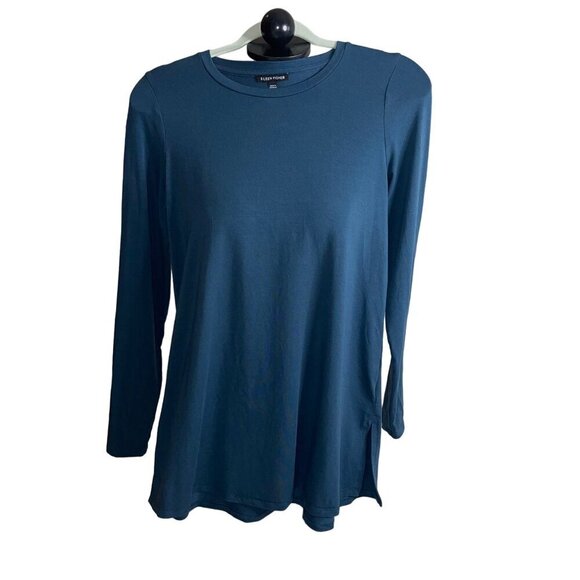 Eileen Fisher Tops - Eileen Fisher Womens Top Size XS Green Tunic Side Slits Crew Neck Stretch